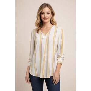 Ann Taylor Pastel Stripe V Neck Tunic Blouse L Career Capsule Minimalist Neutral